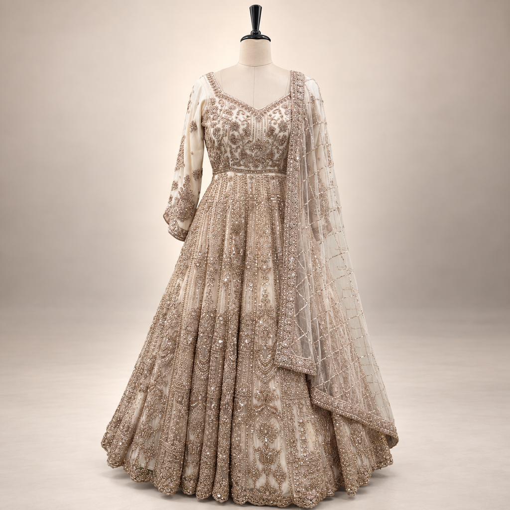 Cream Netted Gown with Golden Embroidery
