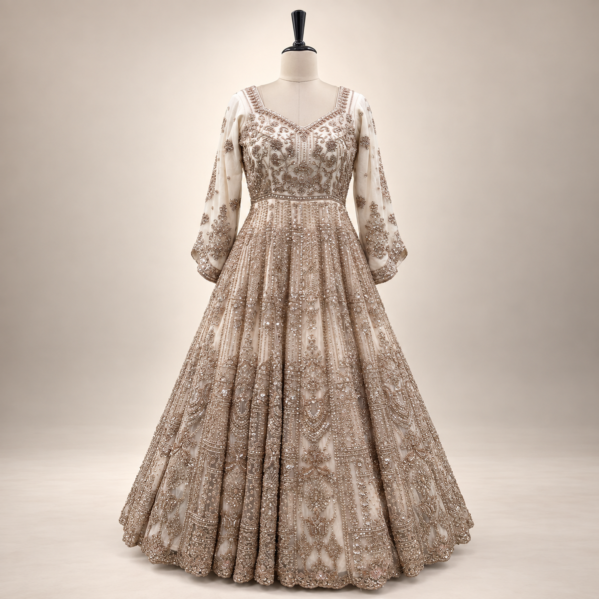 Cream Netted Gown with Golden Embroidery