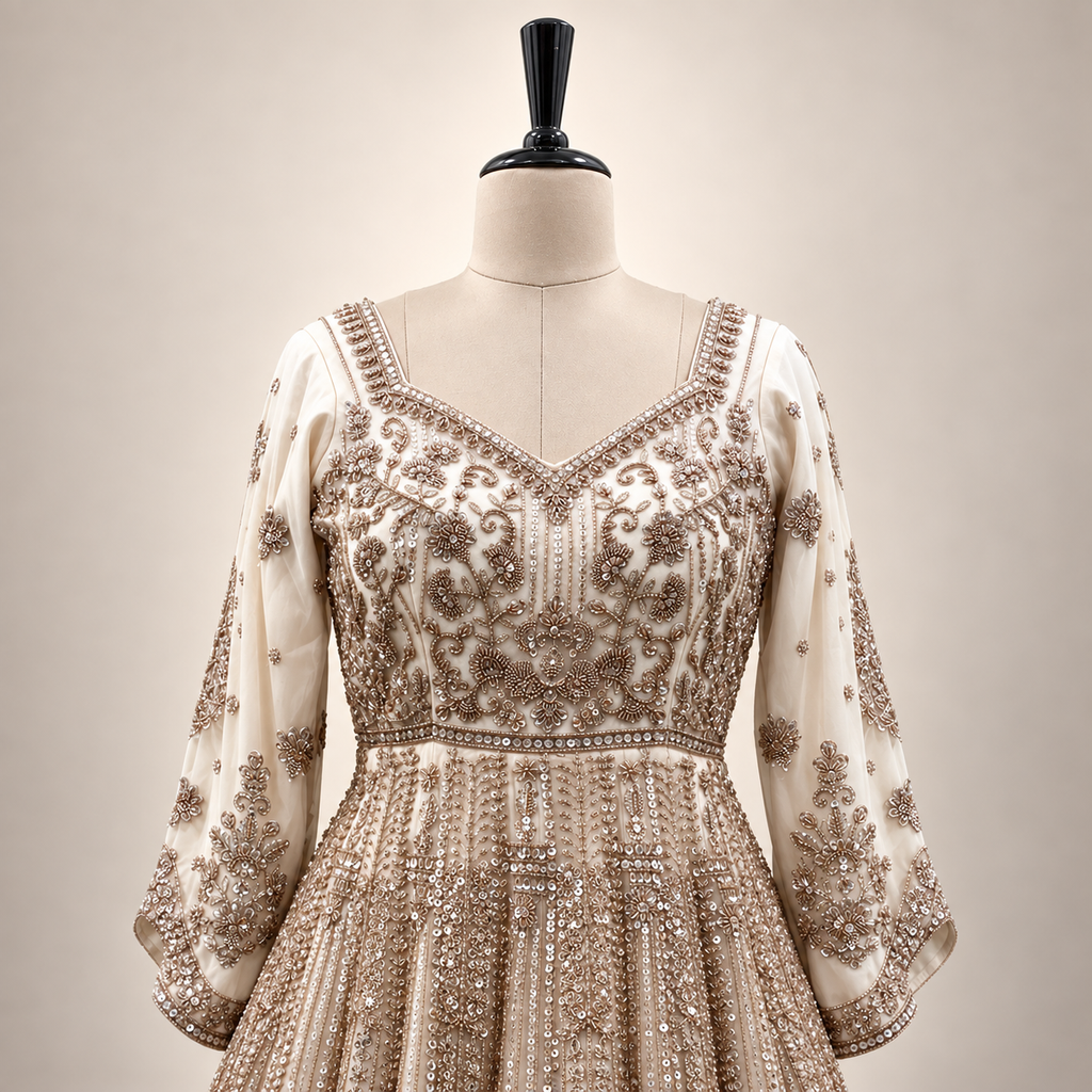 Cream Netted Gown with Golden Embroidery