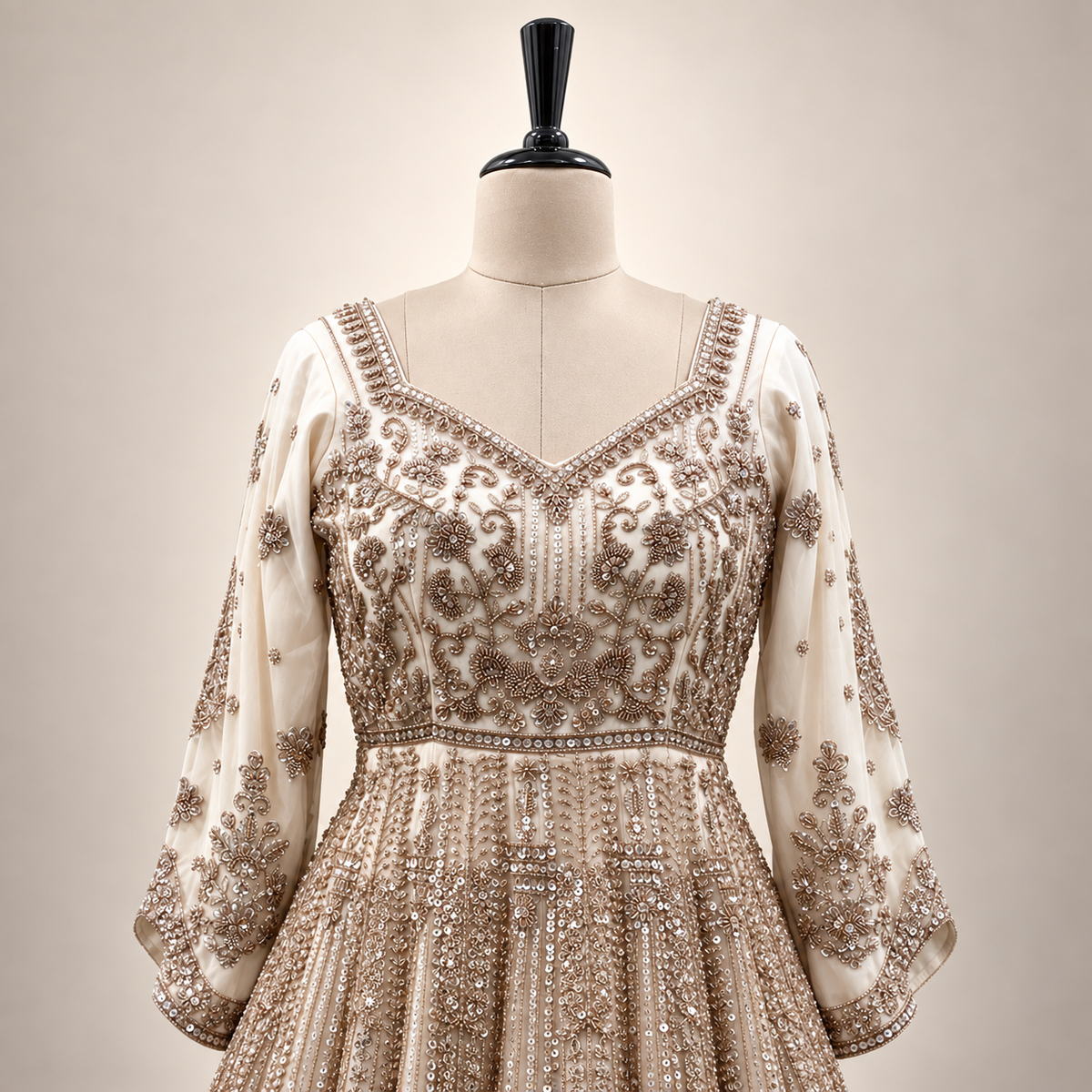 Cream Netted Gown with Golden Embroidery
