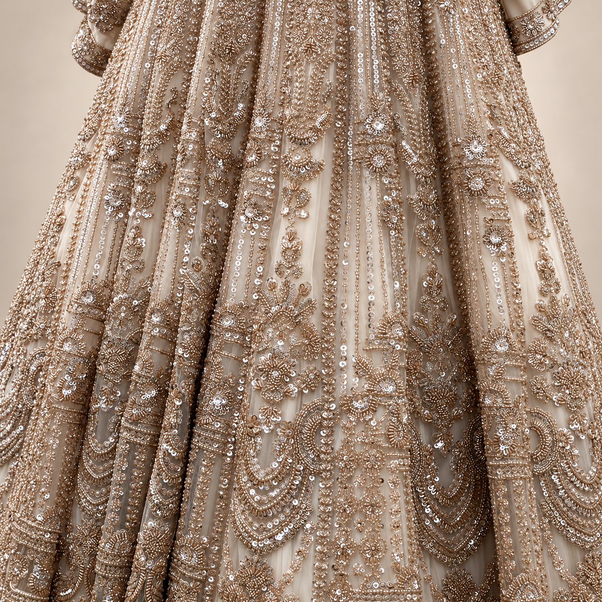 Cream Netted Gown with Golden Embroidery