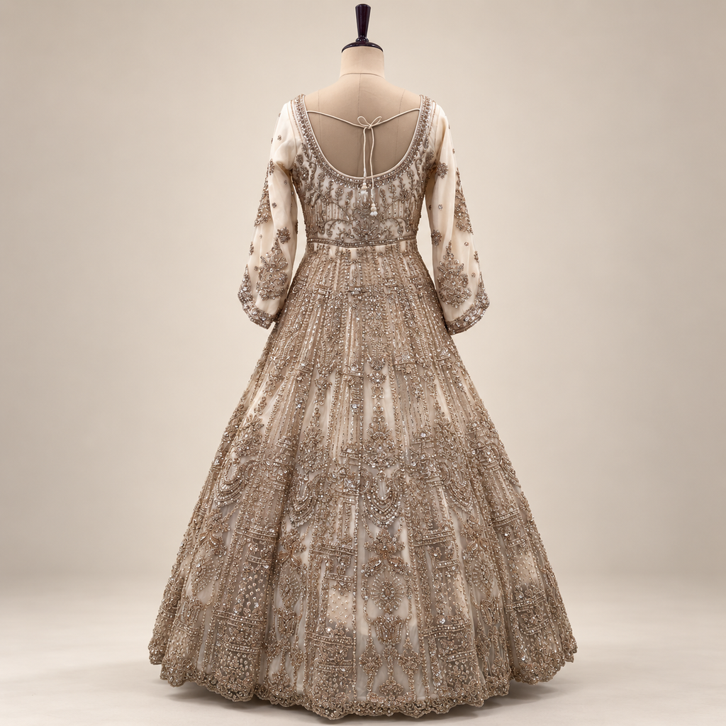Cream Netted Gown with Golden Embroidery