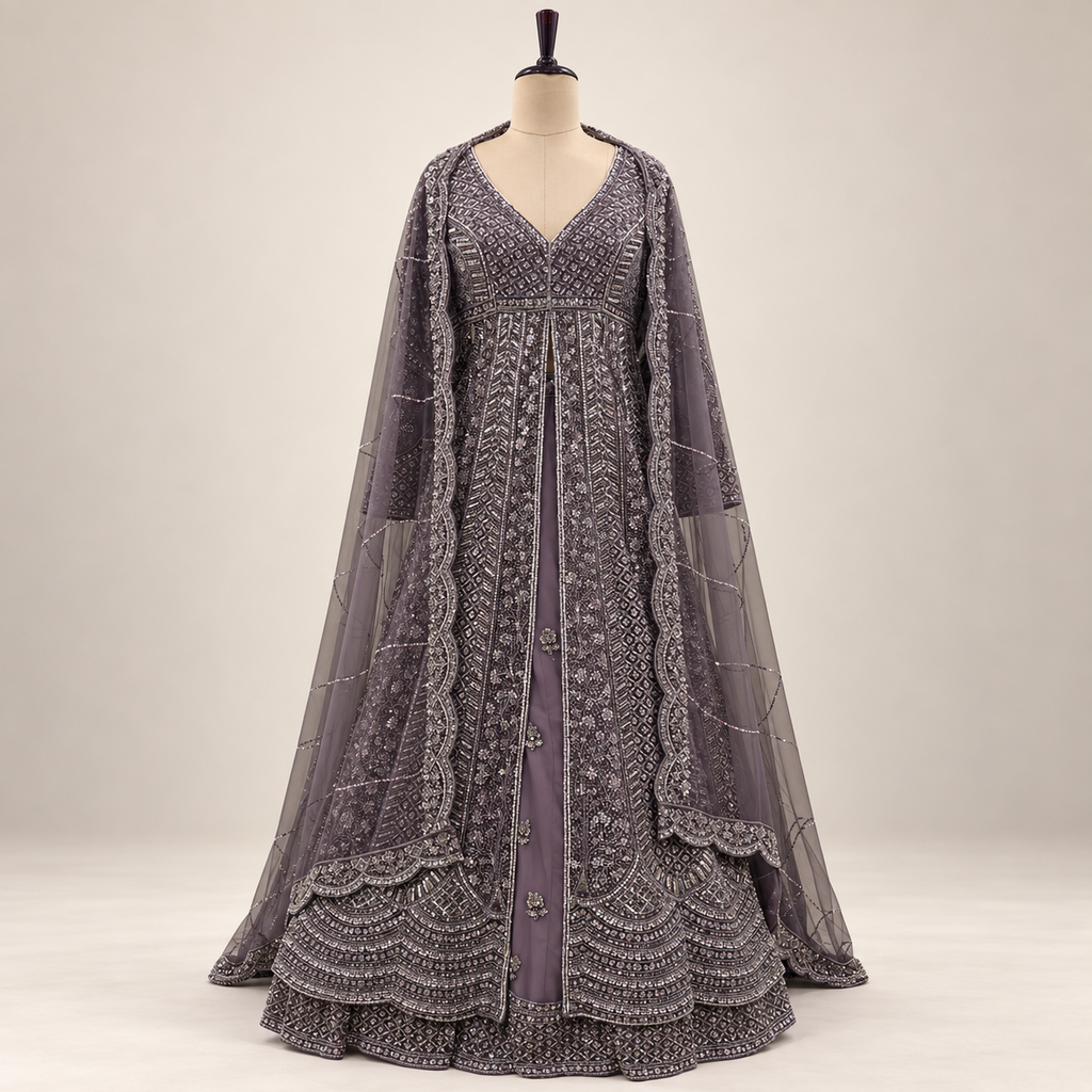 Lavender Embellished Front-Cut Gown with Sheer Dupatta