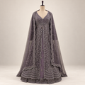 Lavender Embellished Front-Cut Gown with Sheer Dupatta