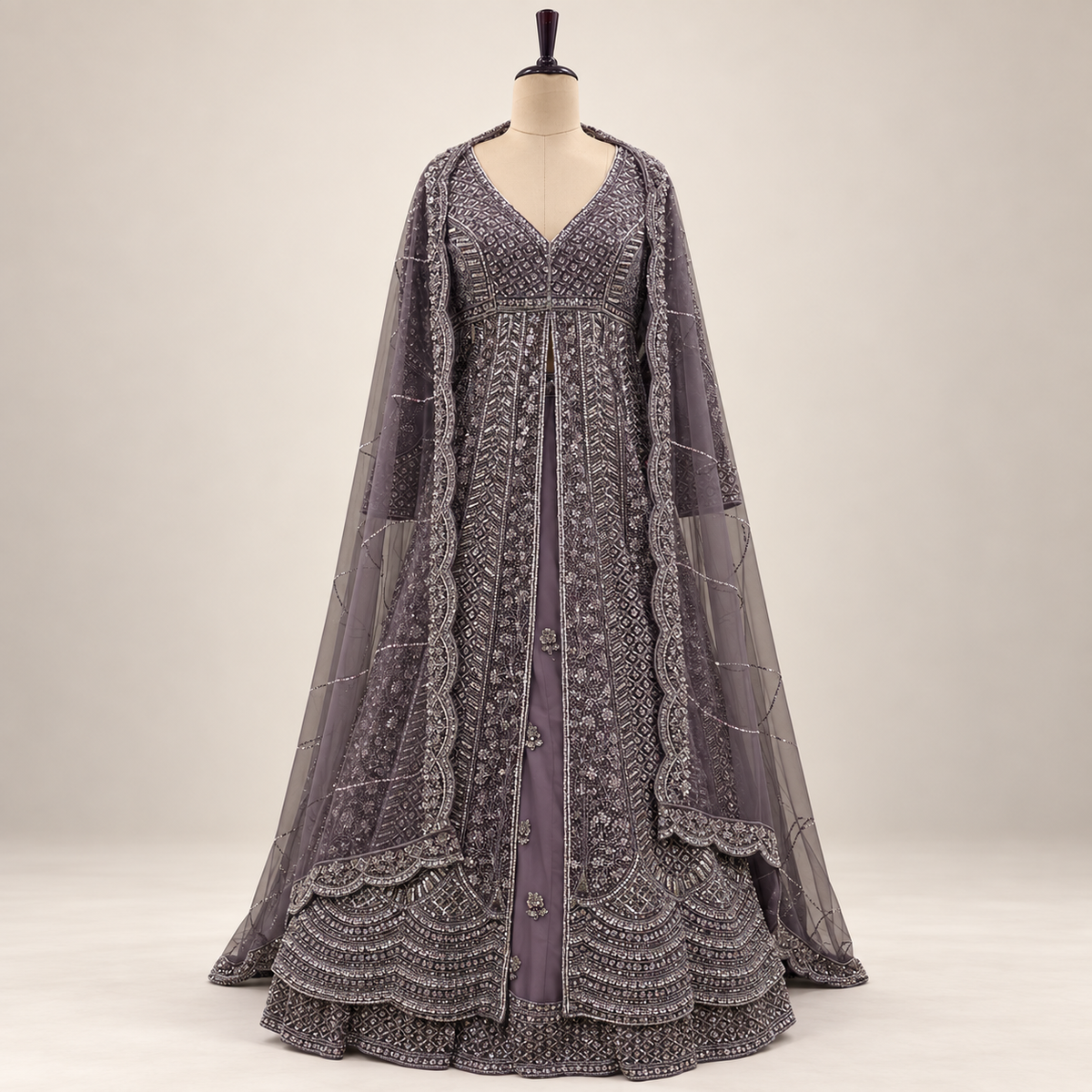 Lavender Embellished Front-Cut Gown with Sheer Dupatta