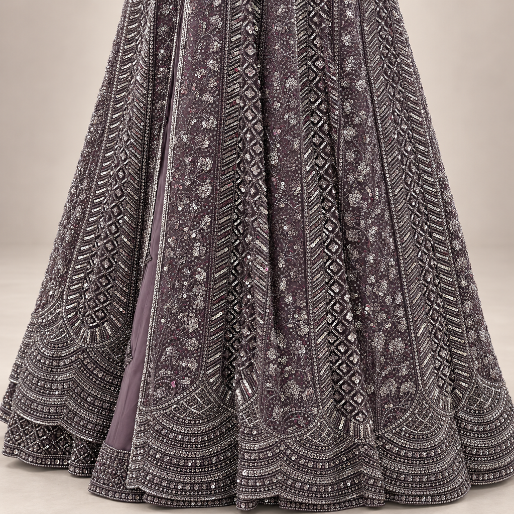 Lavender Embellished Front-Cut Gown with Sheer Dupatta