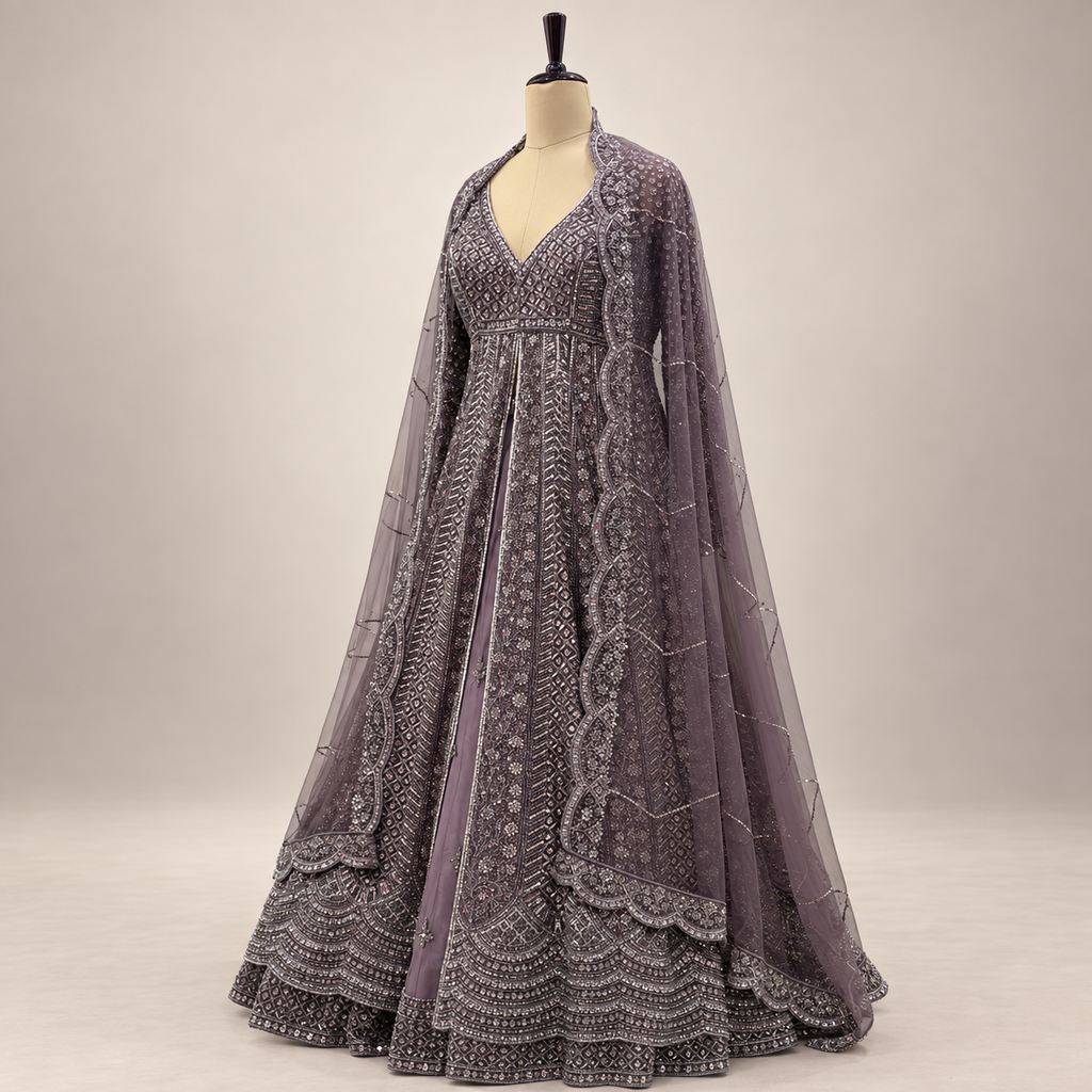 Lavender Embellished Front-Cut Gown with Sheer Dupatta