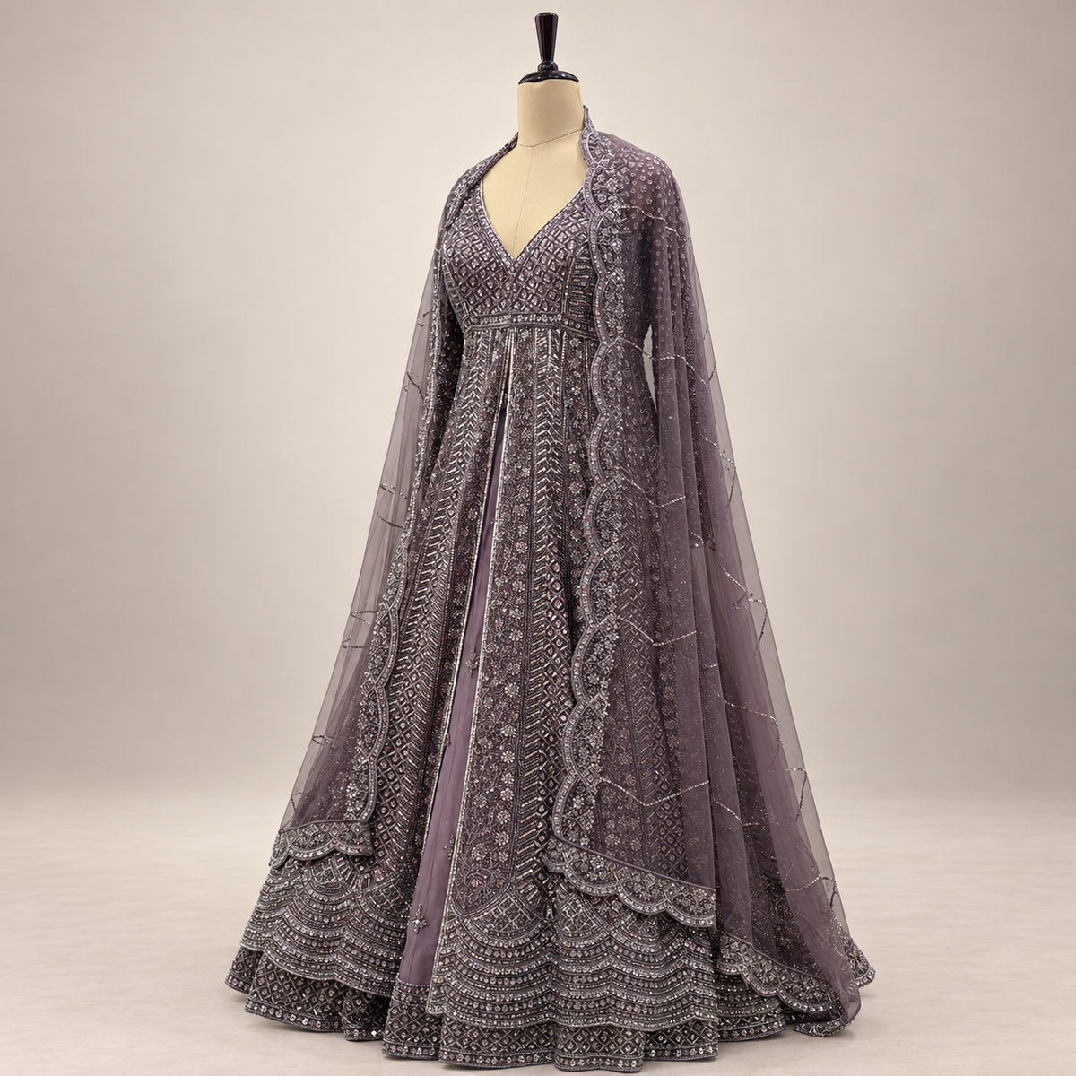 Lavender Embellished Front-Cut Gown with Sheer Dupatta