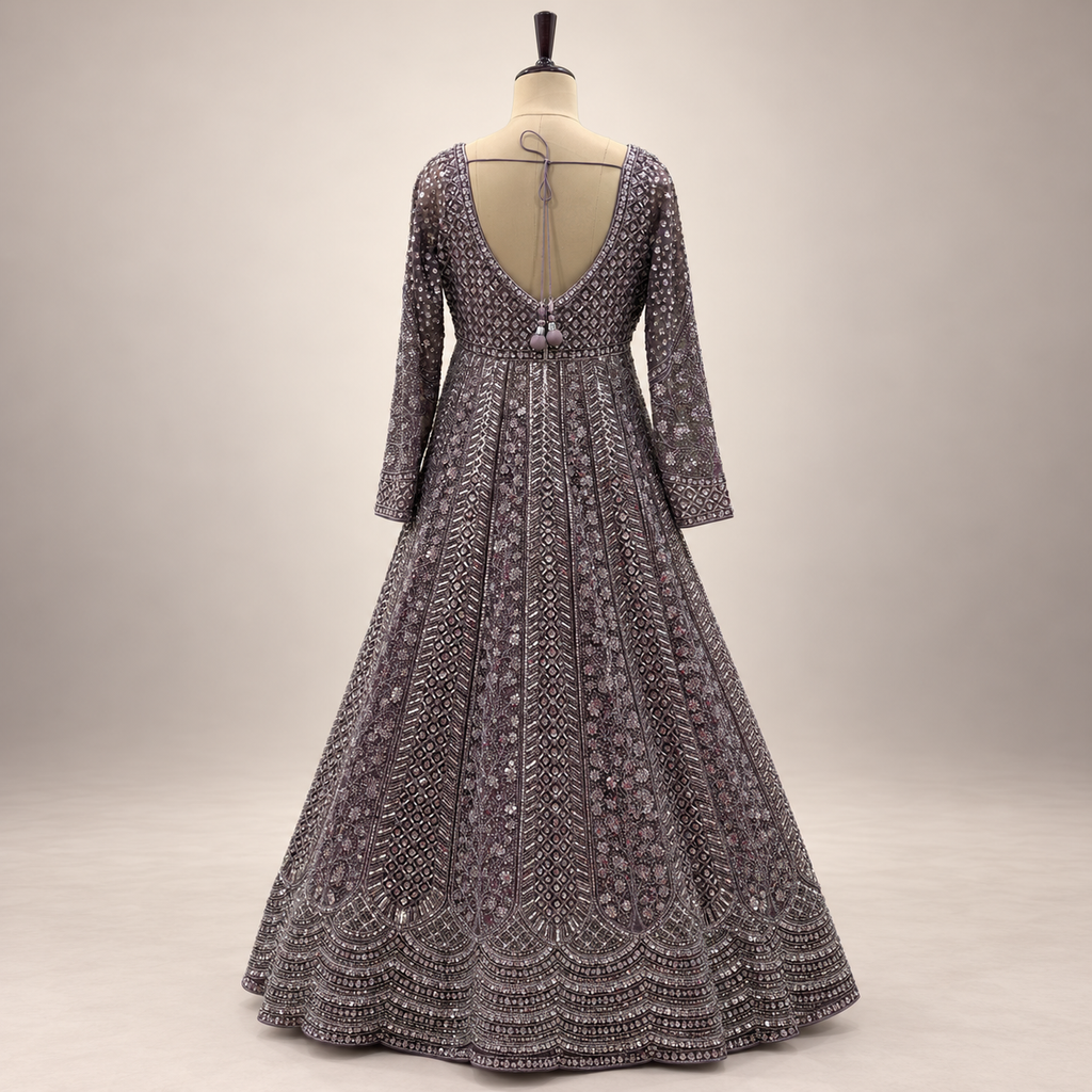 Lavender Embellished Front-Cut Gown with Sheer Dupatta