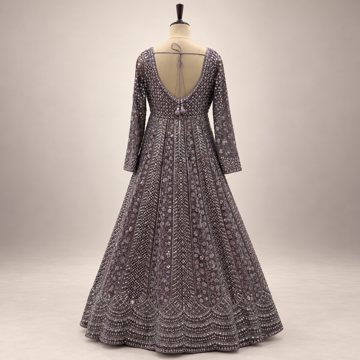 Lavender Embellished Front-Cut Gown with Sheer Dupatta