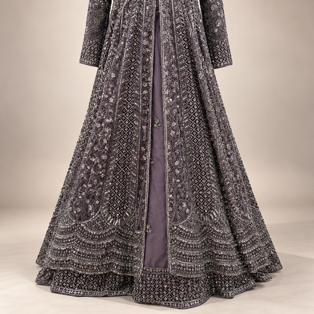 Lavender Embellished Front-Cut Gown with Sheer Dupatta