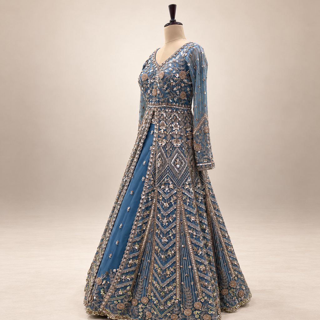 Royal Blue Netted Front-Cut Embroidered Gown