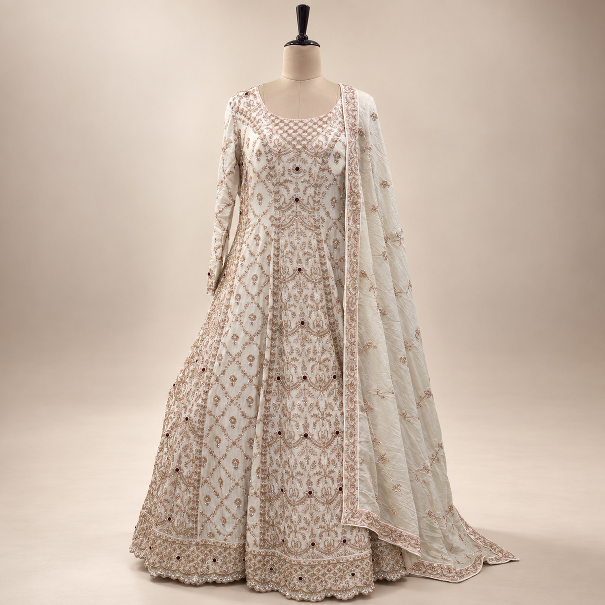 Cream Tail-Cut Embroidered Gown
