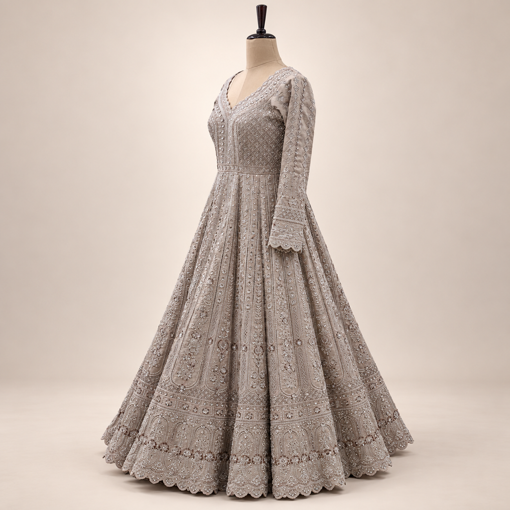 Cream Silk Front-Cut Embroidered Gown