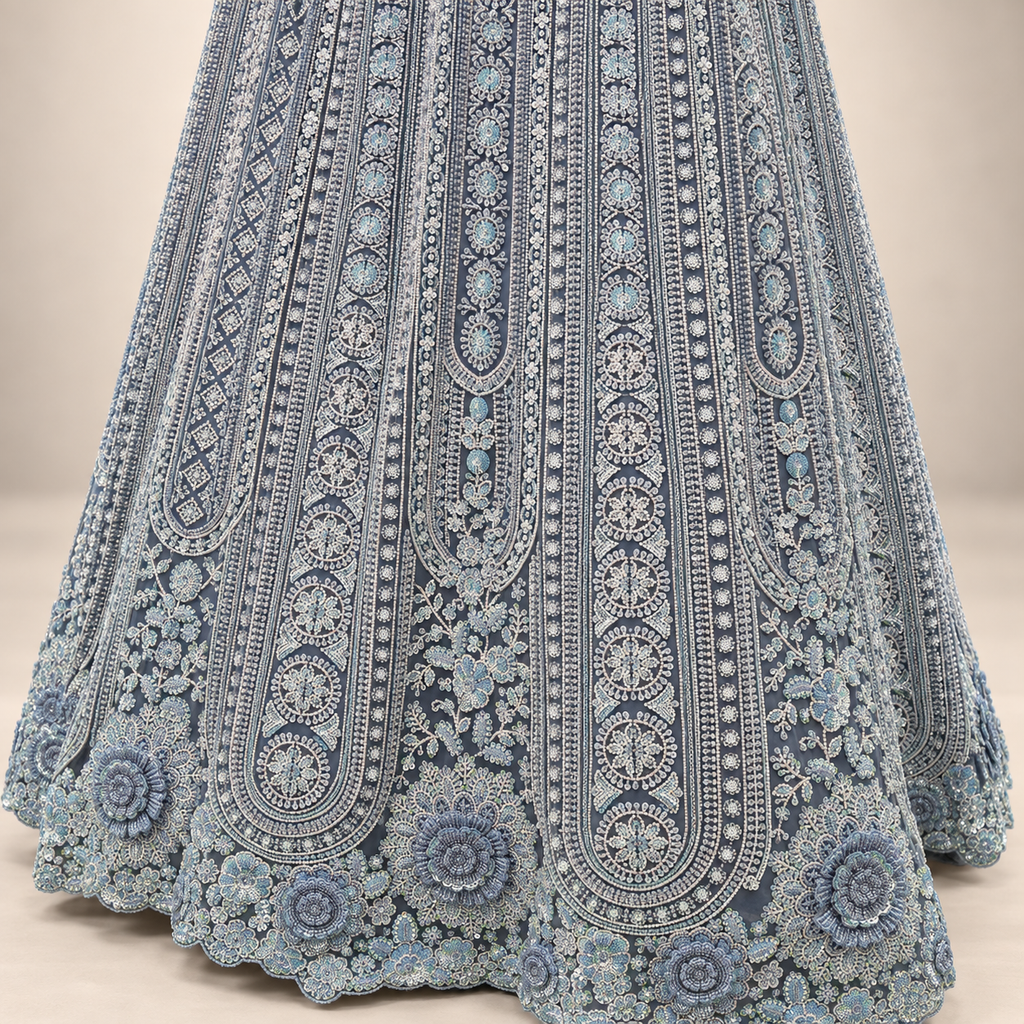 Sky Blue Front-Cut Embroidered Net Gown