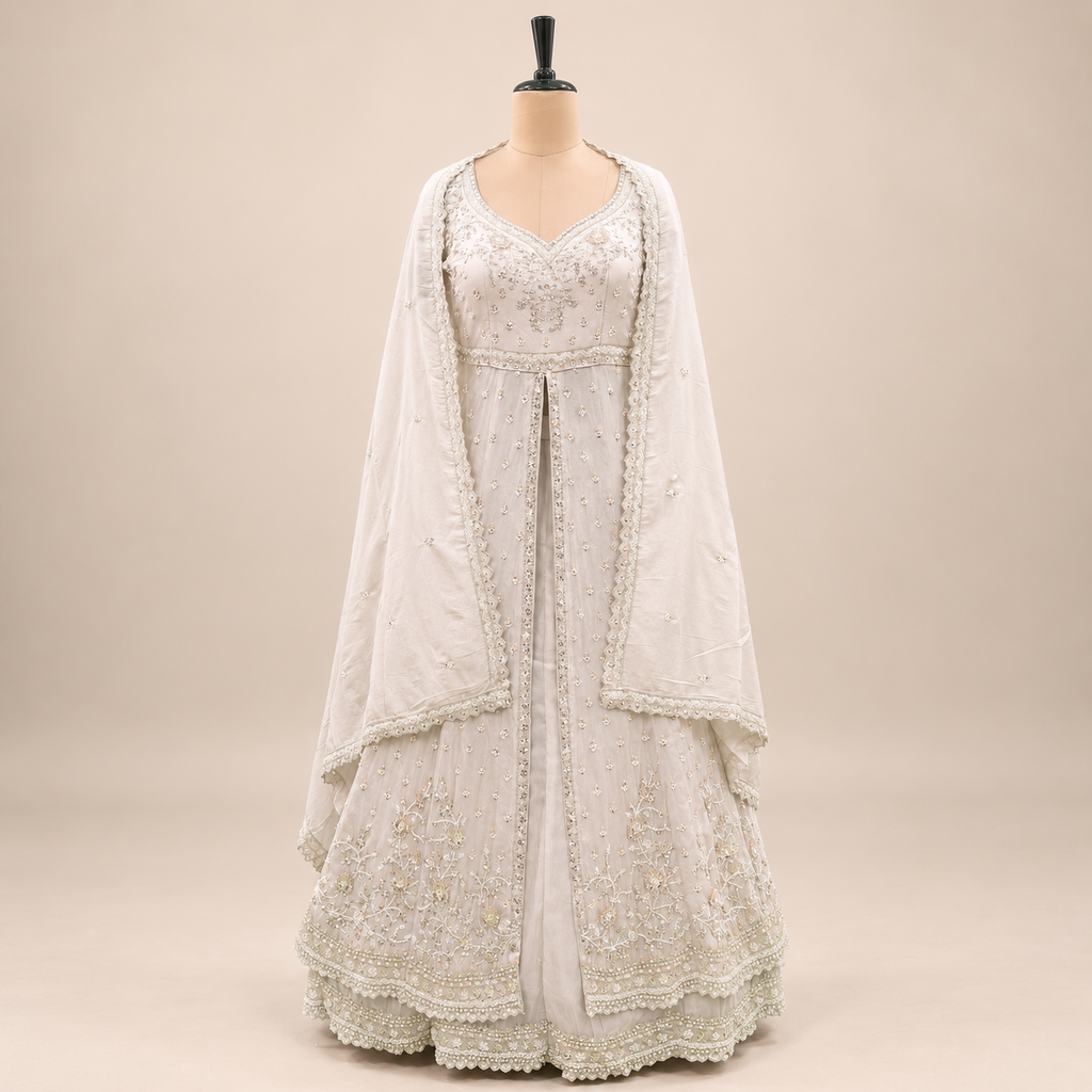 Cream Shimmer Silk Embroidered Front-Cut Gown with Dupatta