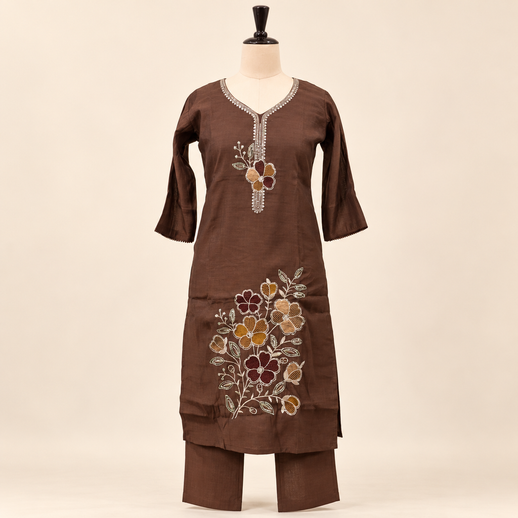 Multicolour Floral Embroidered Cotton Kurta Set