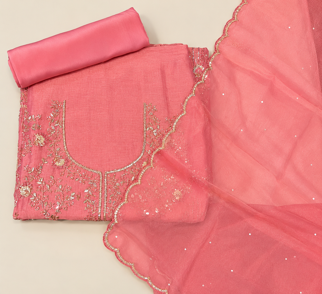 Coral Pink Organza Floral Embroidered Unstitched Dress Material Set