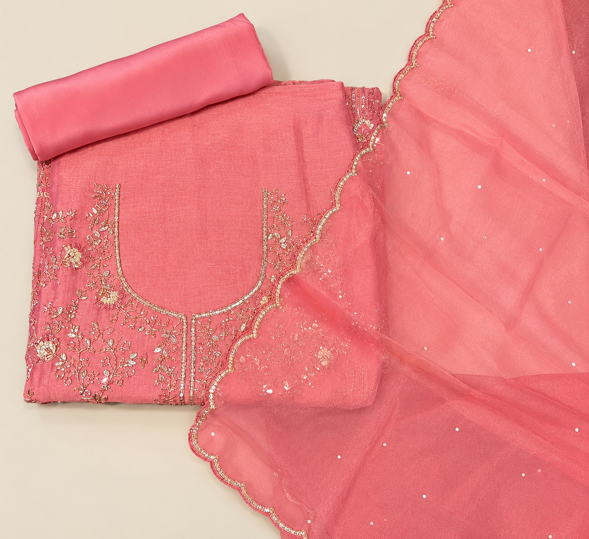 Coral Pink Organza Floral Embroidered Unstitched Dress Material Set