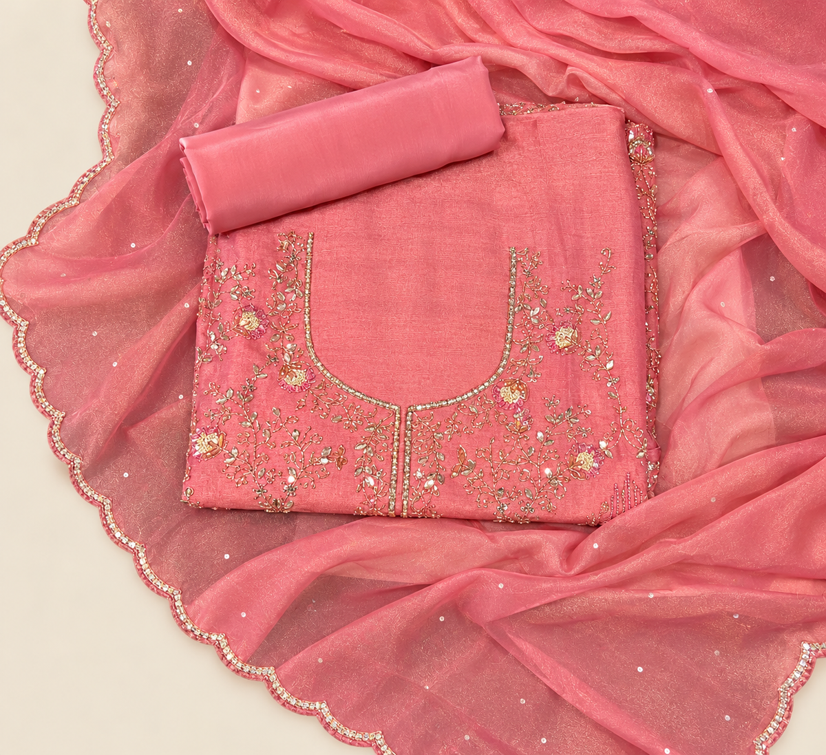 Coral Pink Organza Floral Embroidered Unstitched Dress Material Set