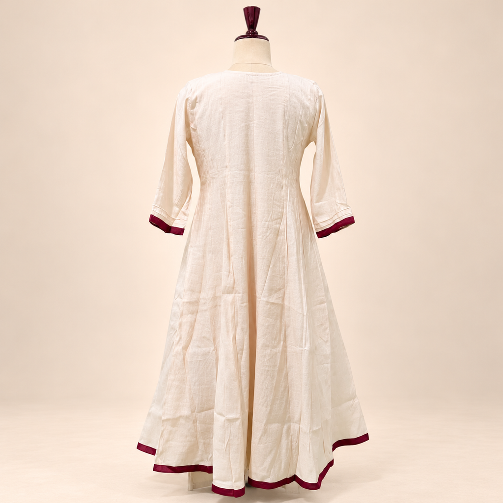 Ivory & Maroon Multicolour Floral Embroidered Cotton Anarkali Suit Set with Dupatta