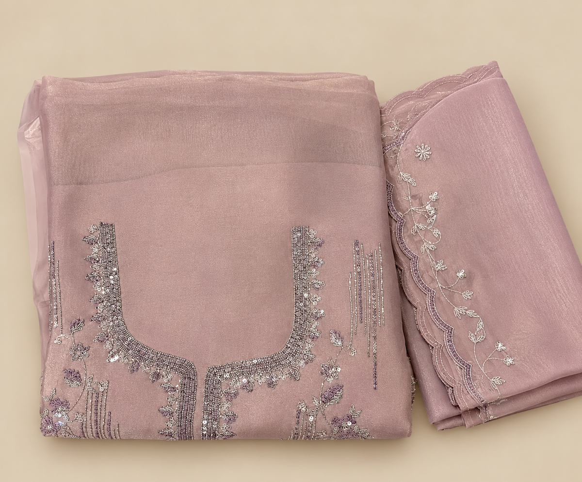 Lavender Shimmer Floral Embroidered Unstitched Dress Material Set