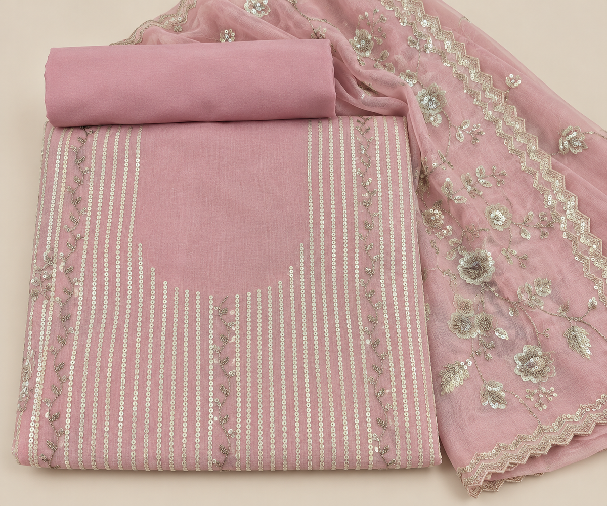 Elegant Pink Shimmer Silk Dress Material with Sequin Embroidery and Floral Dupatta