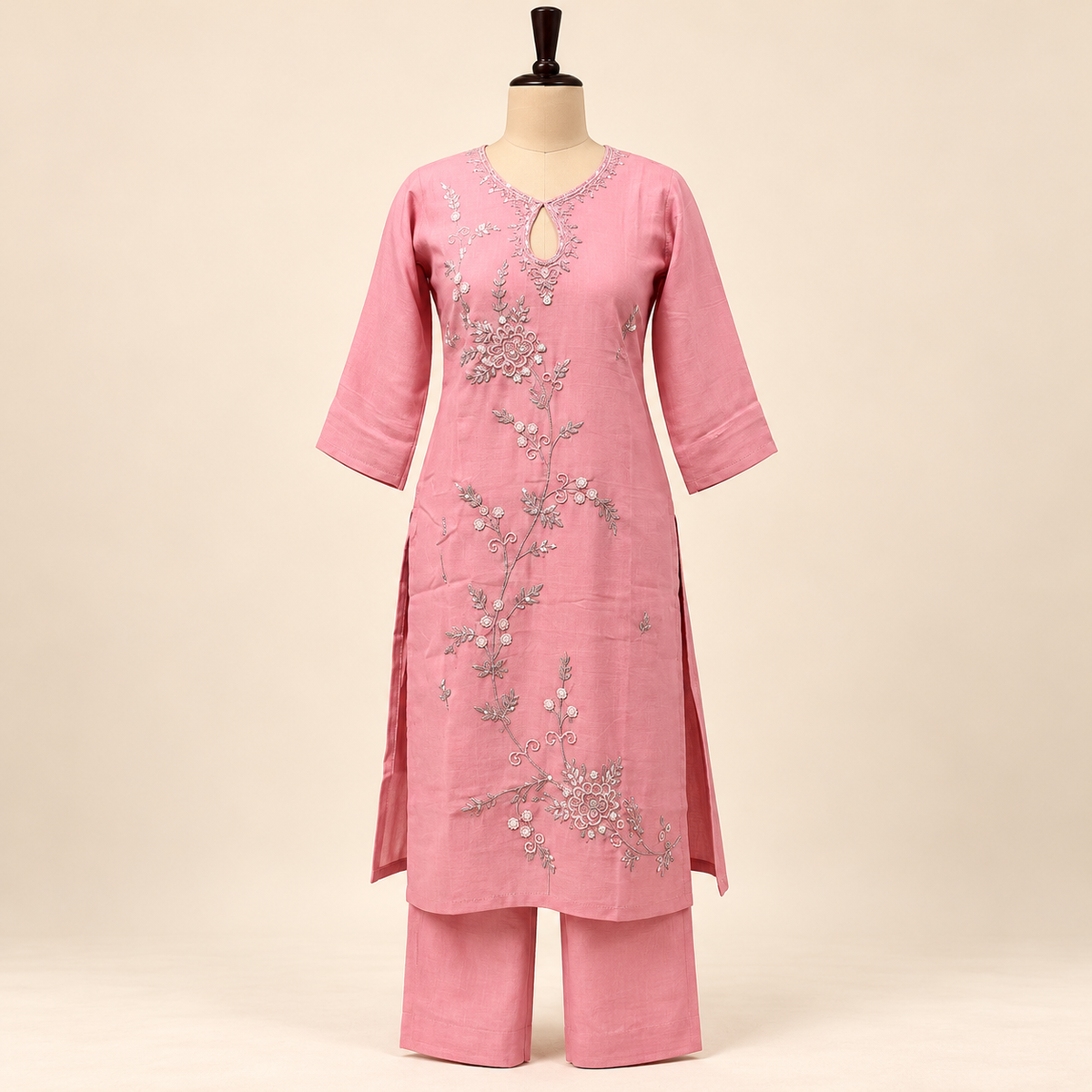 Multi-Tone Dusty Pink Cotton Floral Embroidered Straight Cut Kurta Set