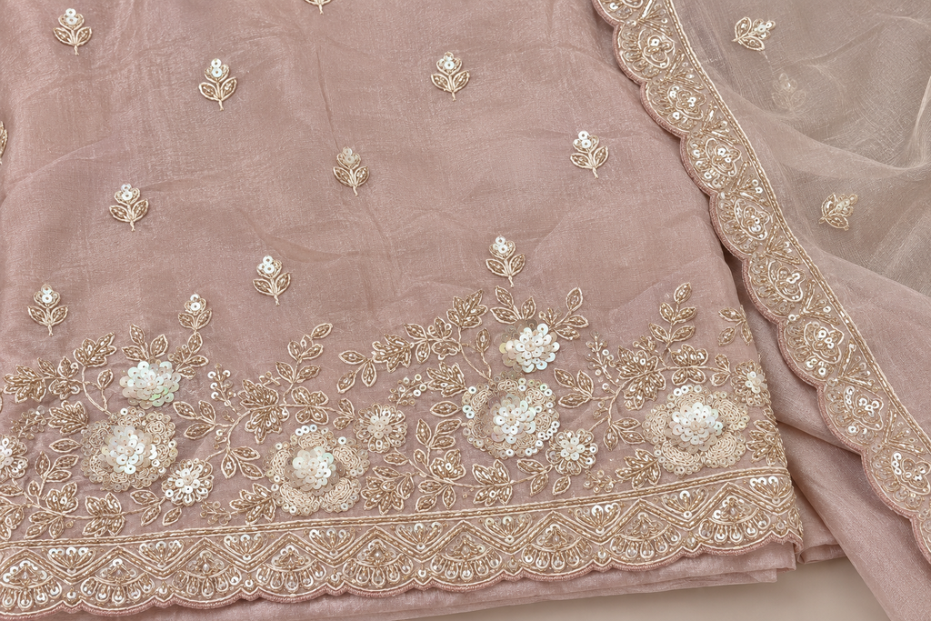 Elegant Peach Organza Dress Material with Floral Embroidery and Scalloped Dupatta