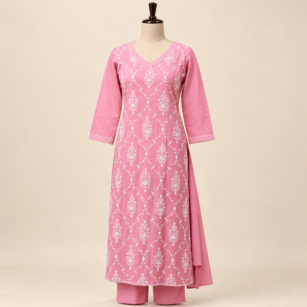 Multi-Tone Pink Cotton Floral Embroidered Straight Cut Salwar Suit with Dupatta