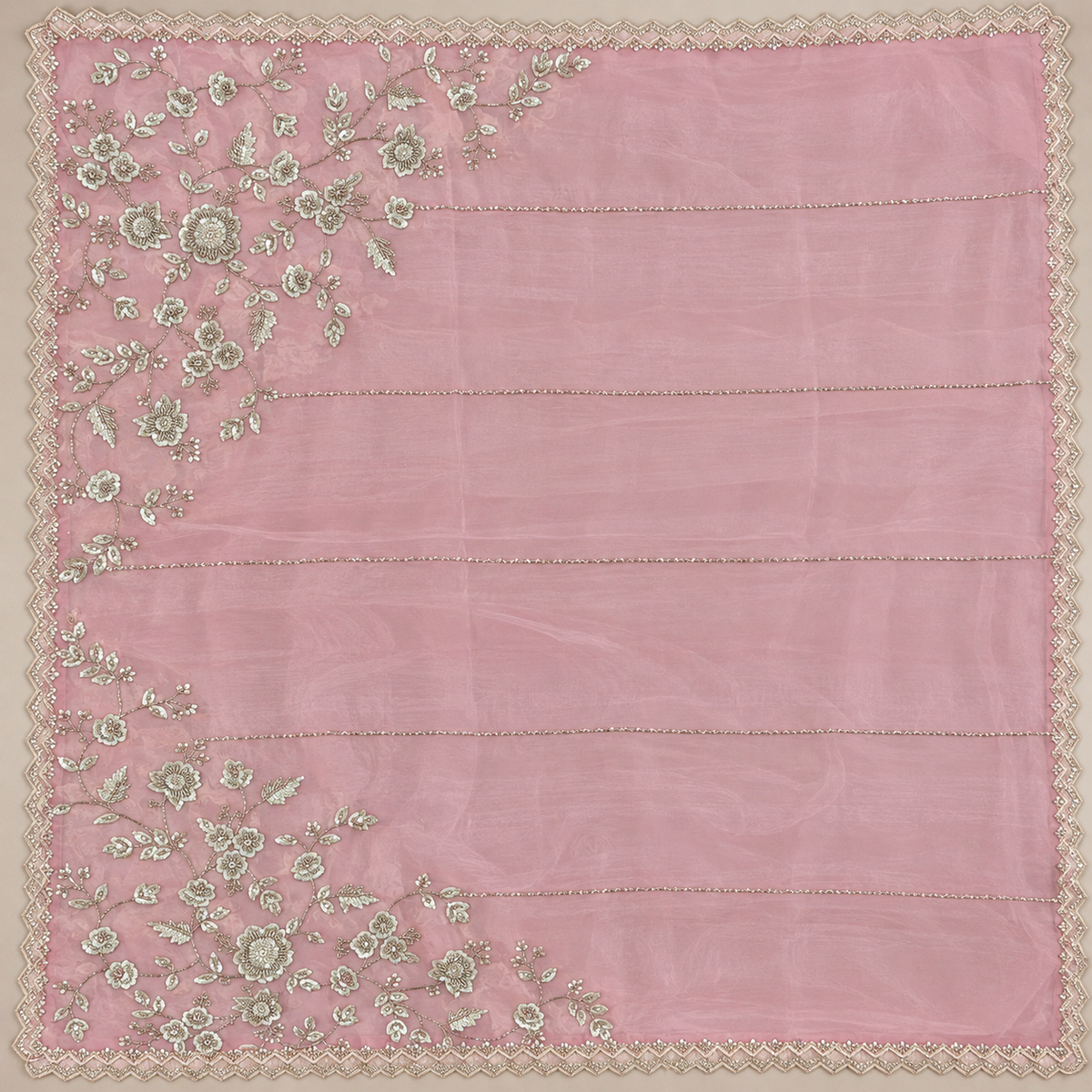 Elegant Pink Shimmer Silk Dress Material with Sequin Embroidery and Floral Dupatta