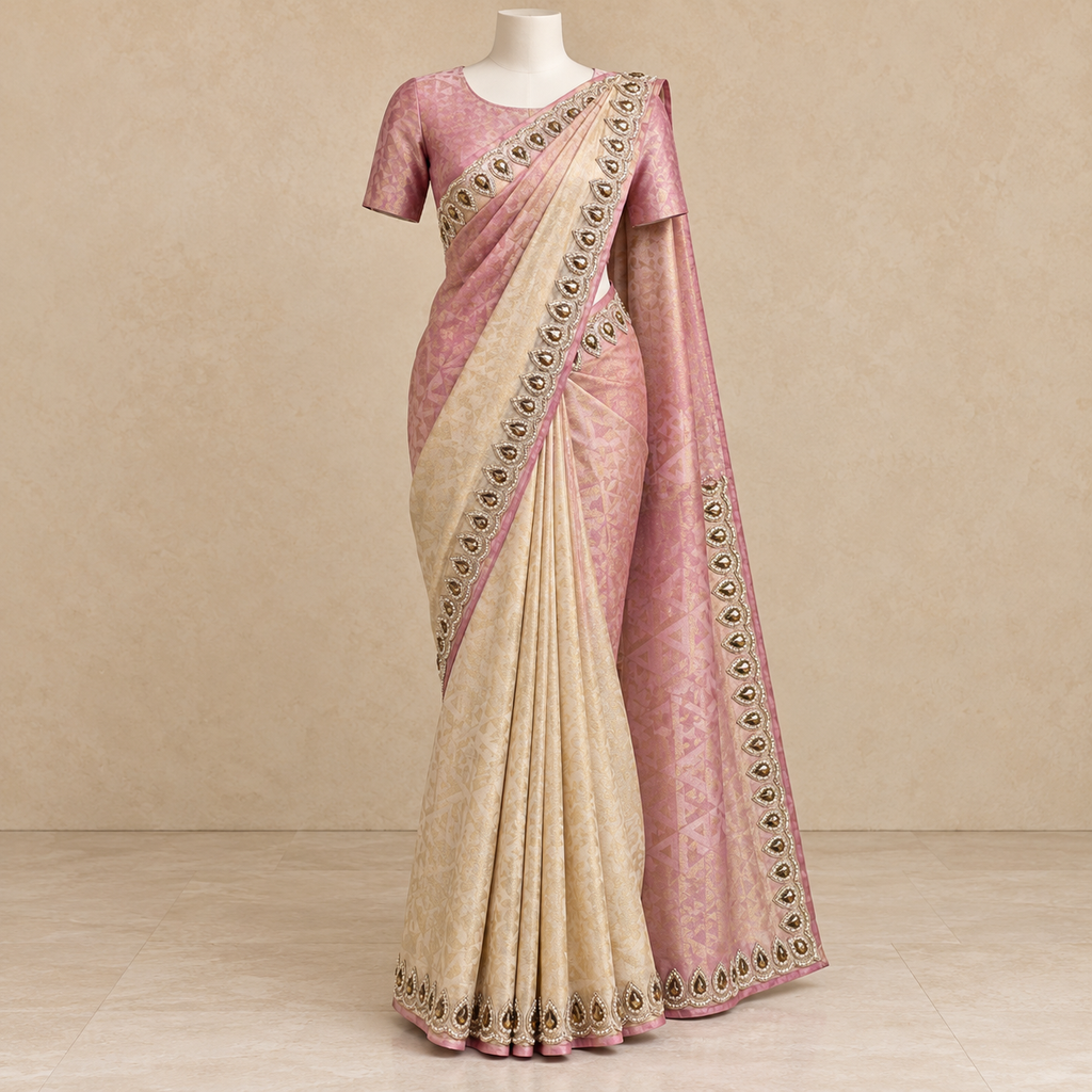 Pink Silk Saree with Contrast Cream Pallu and Embellished Border