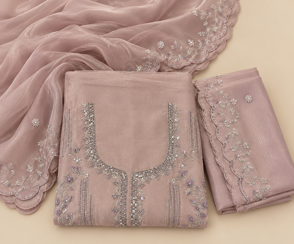 Lavender Shimmer Floral Embroidered Unstitched Dress Material Set