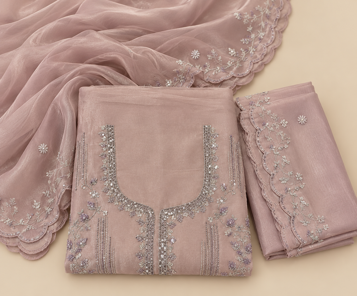 Lavender Shimmer Floral Embroidered Unstitched Dress Material Set