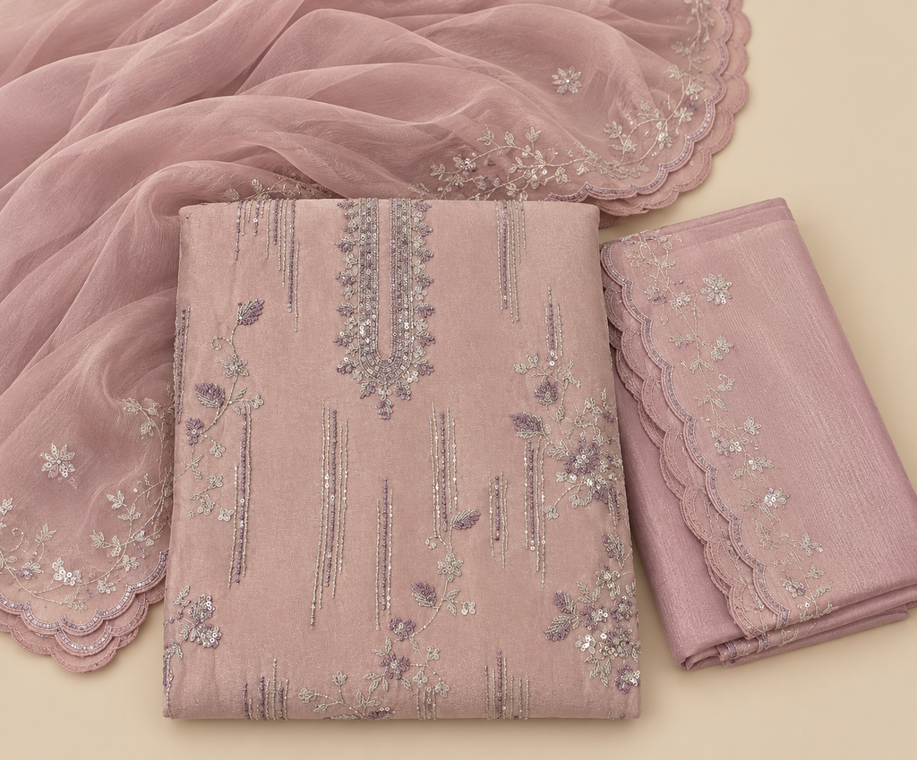 Lavender Shimmer Floral Embroidered Unstitched Dress Material Set