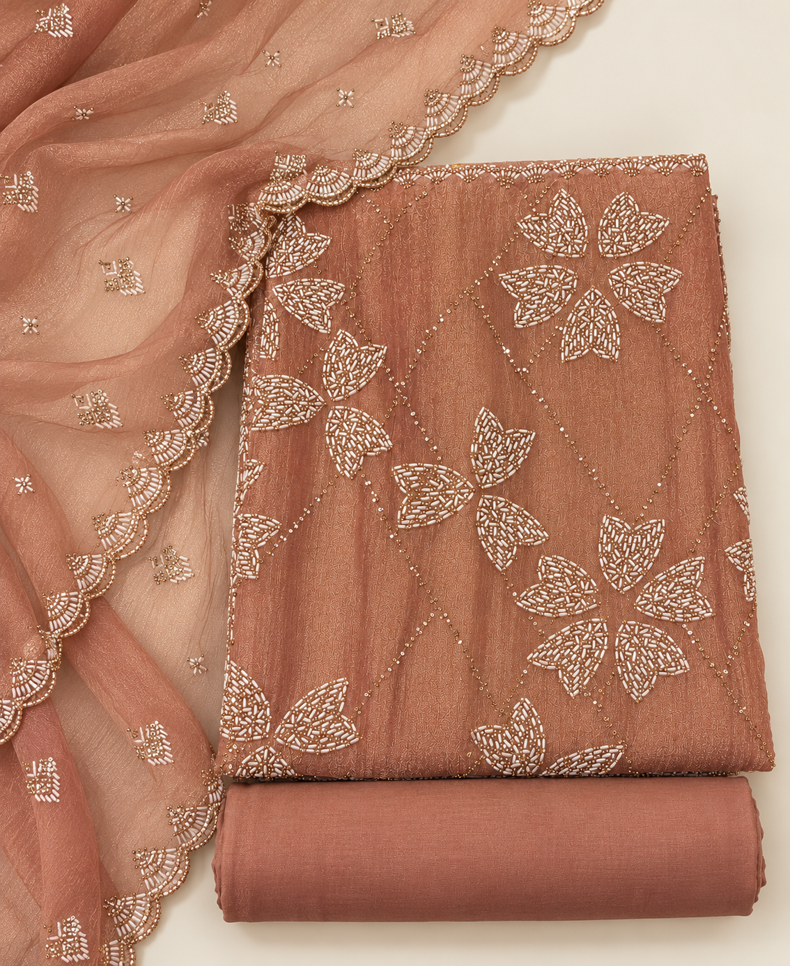 Elegant Light Onion Pink Crush Dress Material with Floral Embroidery