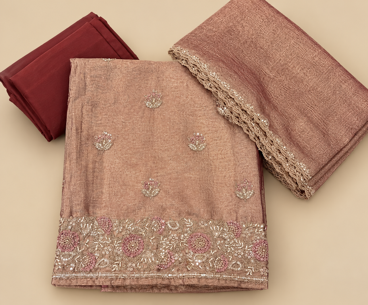Brown Soft Silk Floral Embroidered Unstitched Dress Material Set