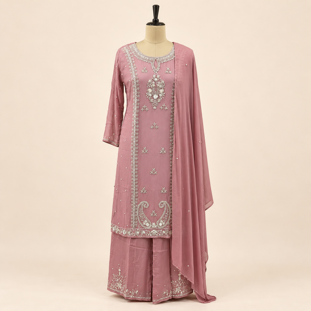 Onion Pink Ornate Embellished Salwar Suit with Palazzo &amp; Dupata