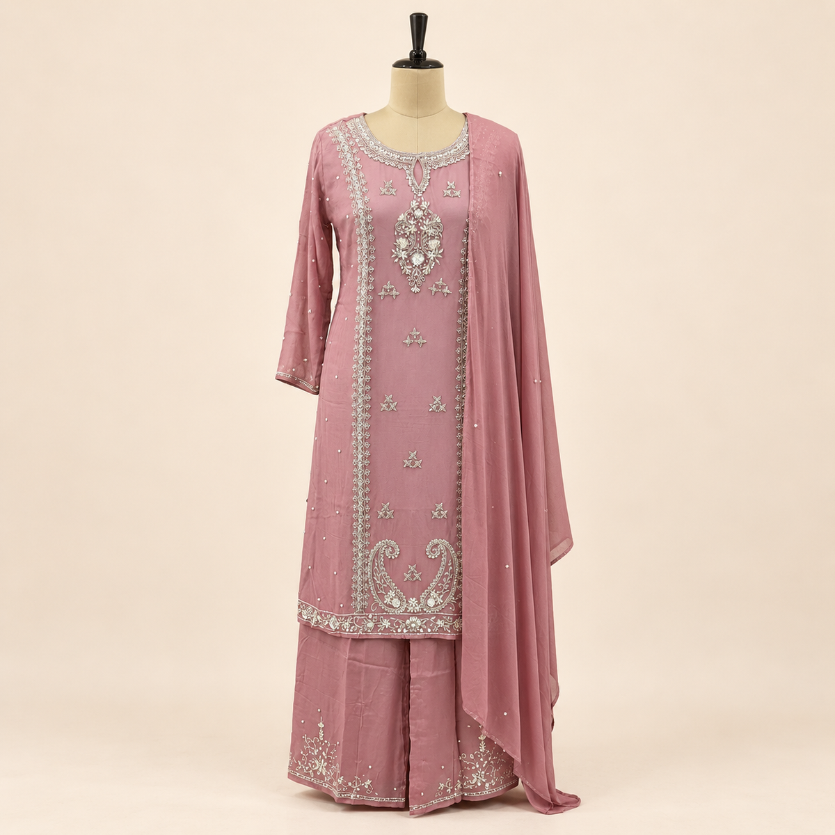 Onion Pink Ornate Embellished Salwar Suit with Palazzo &amp; Dupata