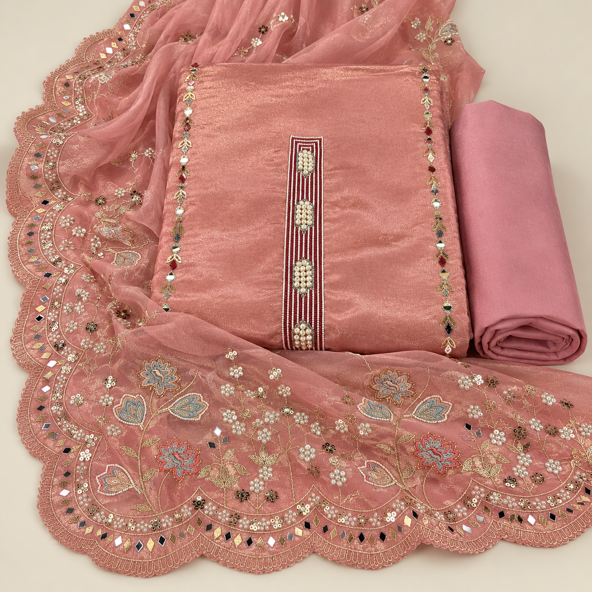 Elegant Onion Pink Shimmer Silk Dress Material with Embellished Floral Dupatta