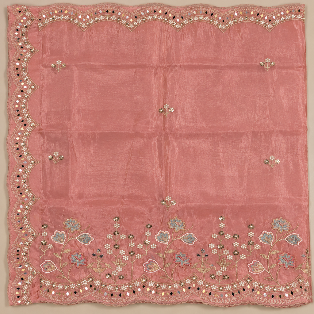 Elegant Onion Pink Shimmer Silk Dress Material with Embellished Floral Dupatta