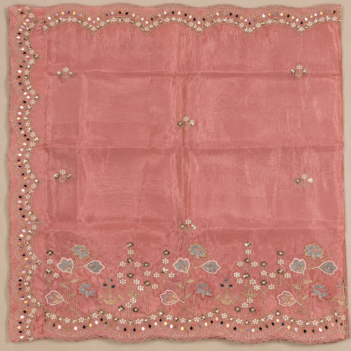 Elegant Onion Pink Shimmer Silk Dress Material with Embellished Floral Dupatta