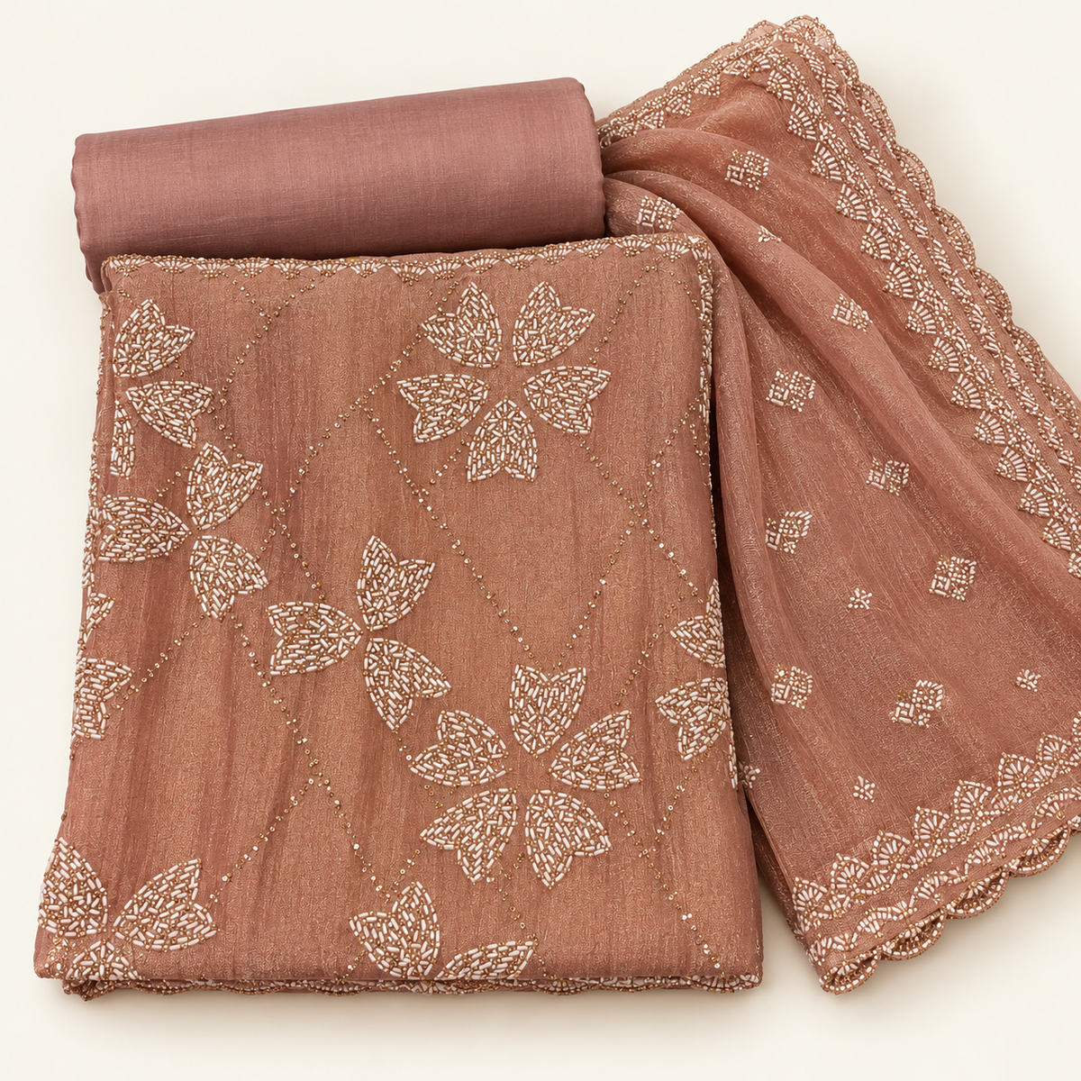 Elegant Light Onion Pink Crush Dress Material with Floral Embroidery