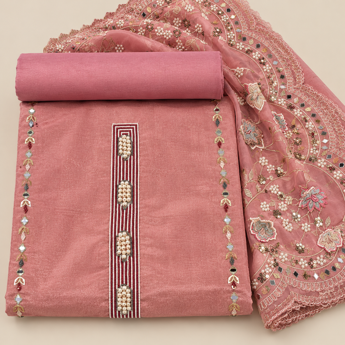 Elegant Onion Pink Shimmer Silk Dress Material with Embellished Floral Dupatta