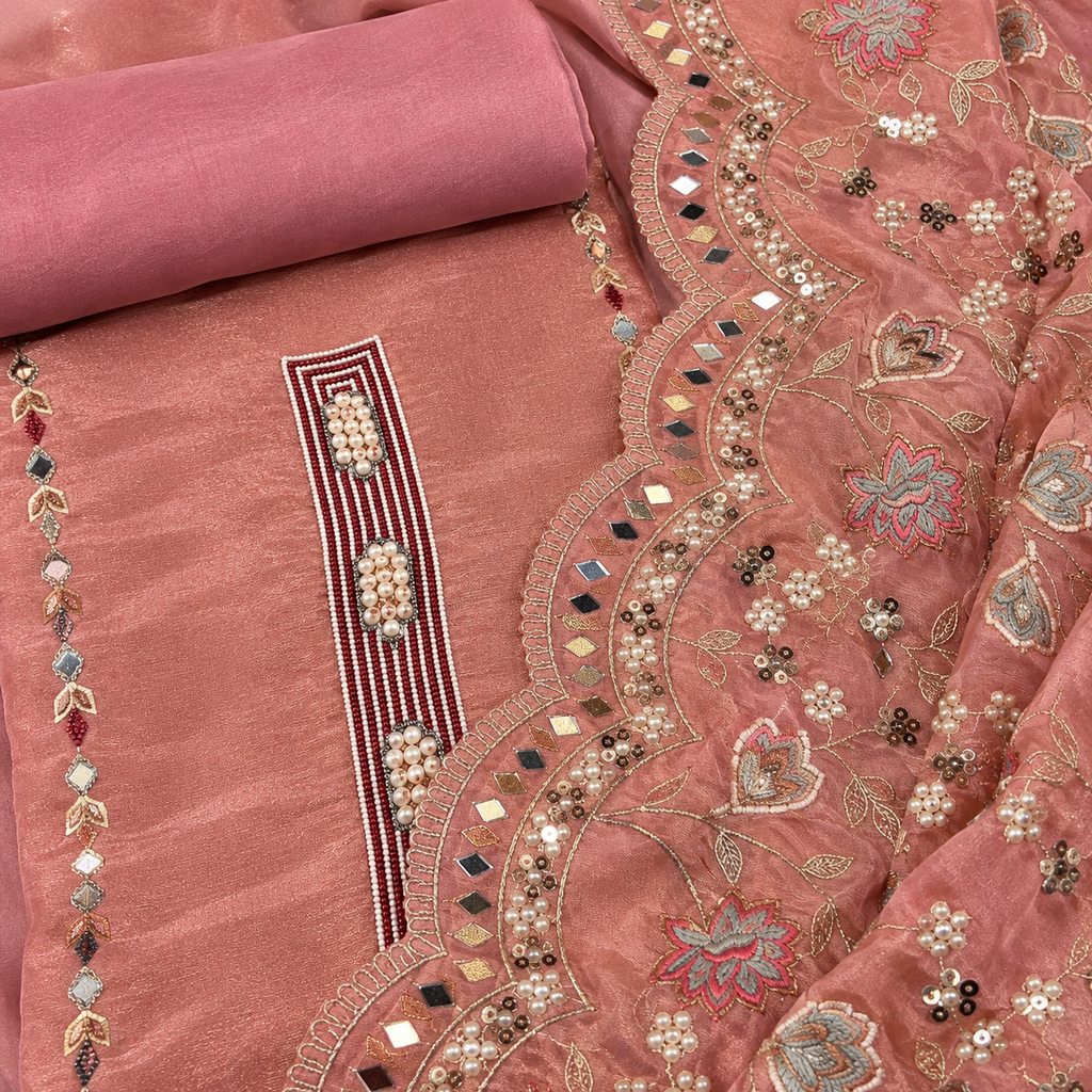 Elegant Onion Pink Shimmer Silk Dress Material with Embellished Floral Dupatta