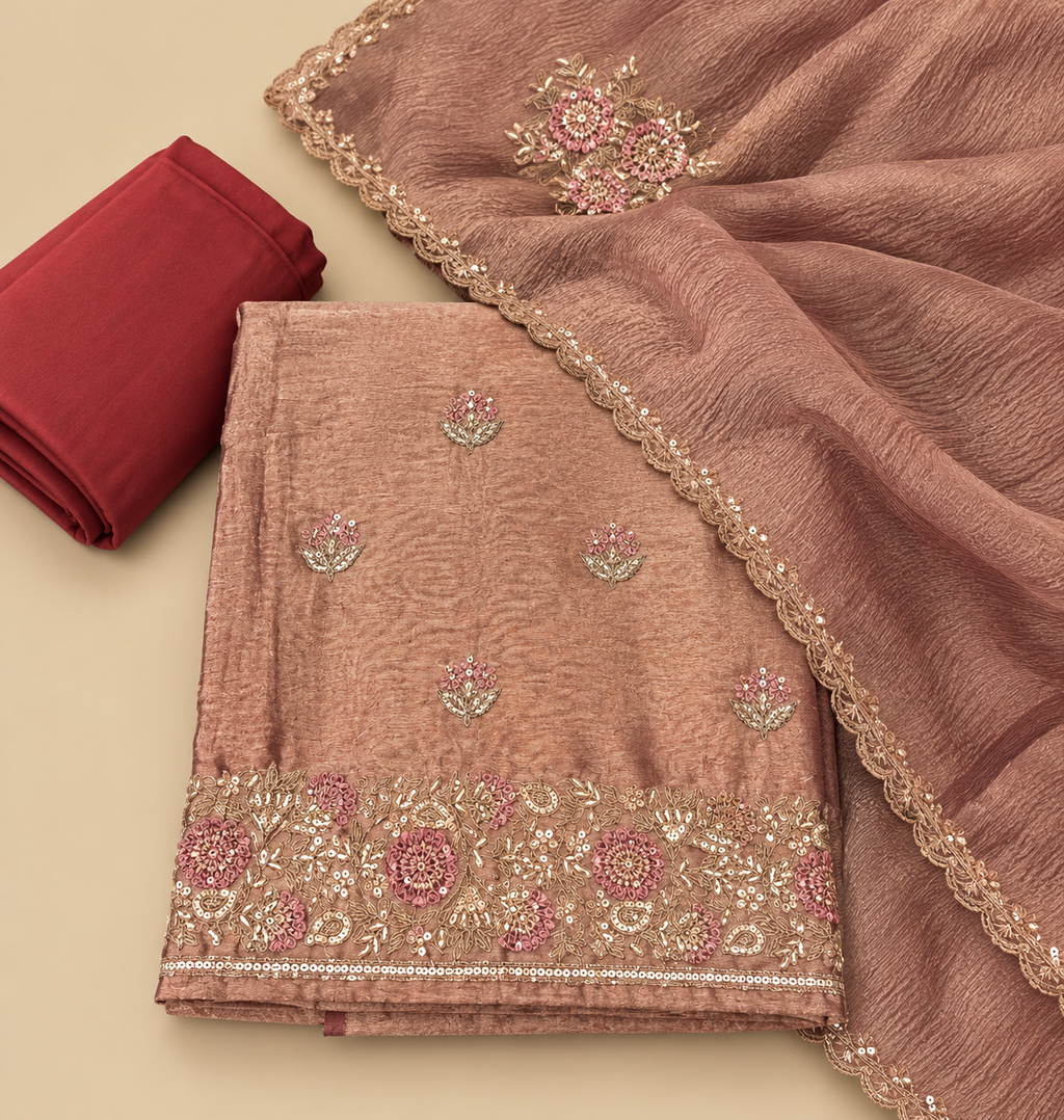 Brown Soft Silk Floral Embroidered Unstitched Dress Material Set