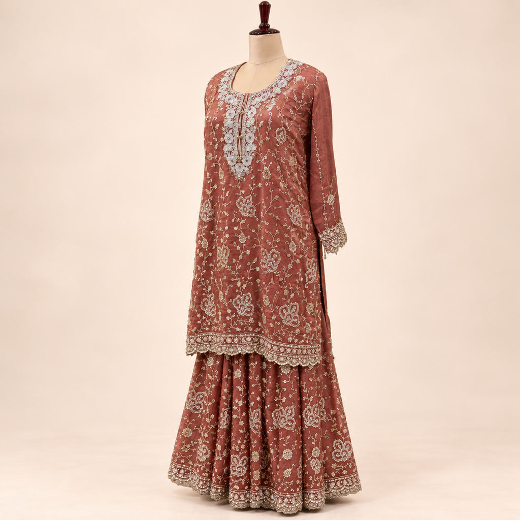 Rust Shimmer Floral Embellished  Salwar Suit with Dupatta
