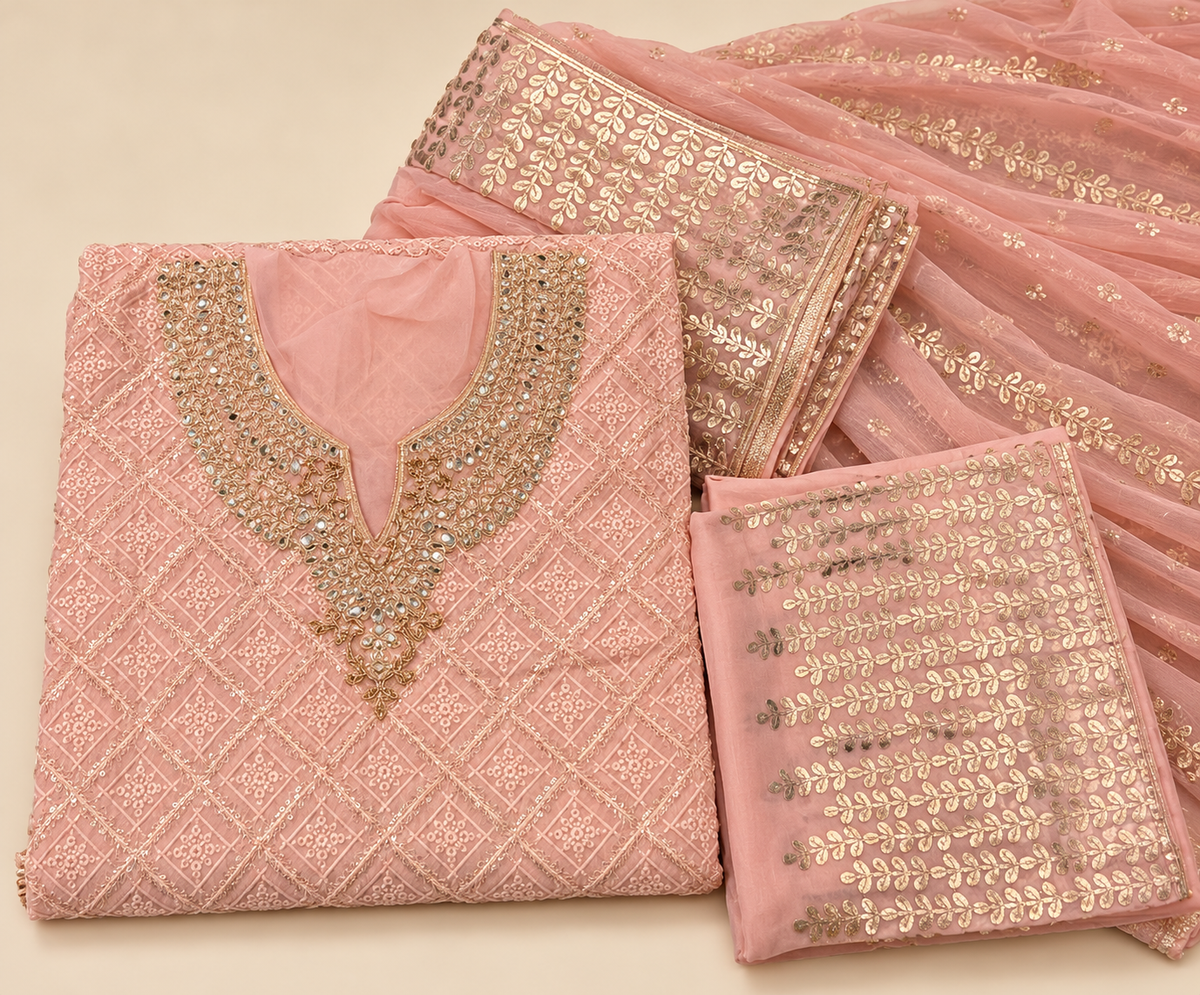 Pink Organza Gold Embroidered Unstitched Dress Material Set