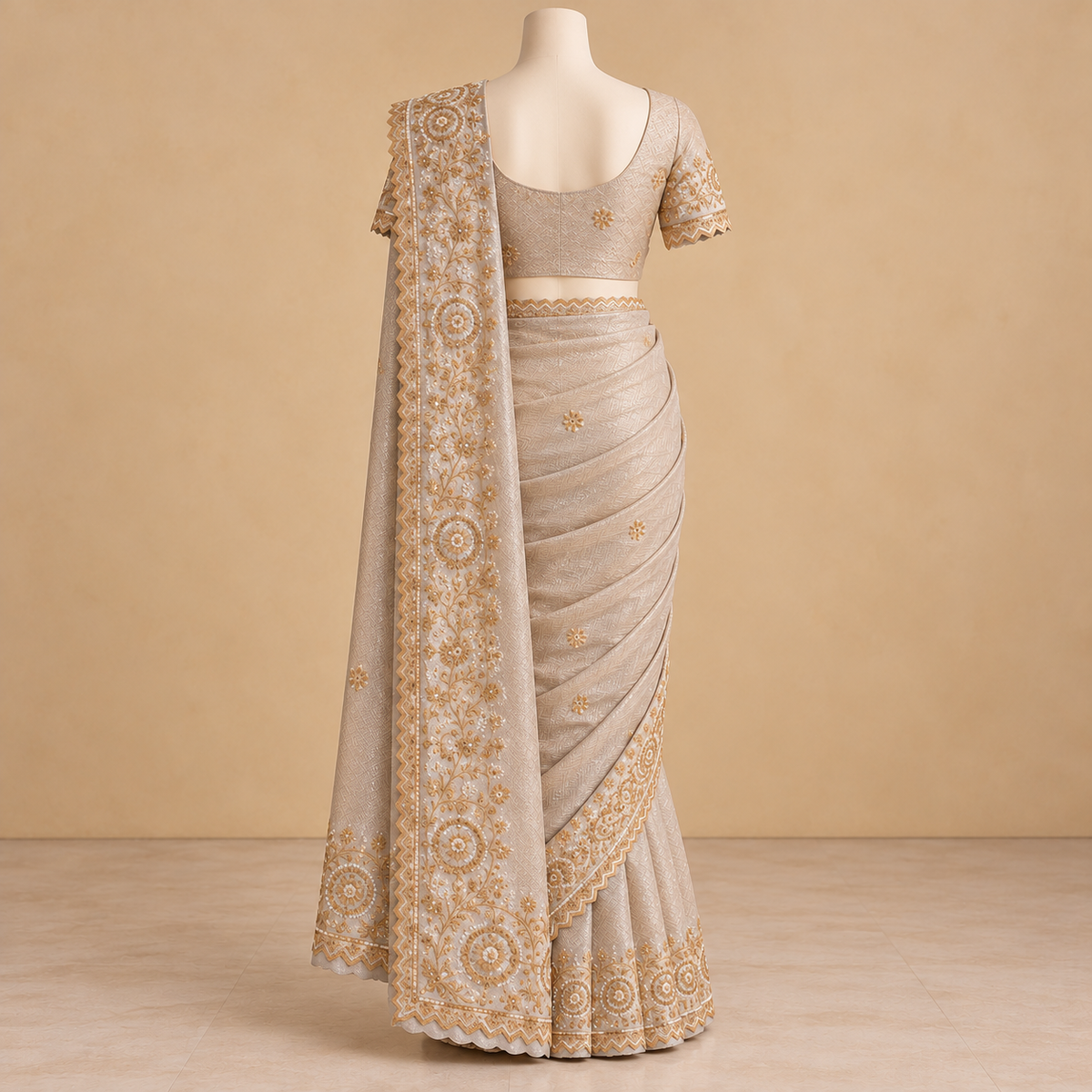 Grey Tissue Silk Saree with Golden Floral Embroidery