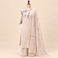Multi-Tone Cream Cotton Floral Embroidered Straight Cut Salwar Suit with Dupatta